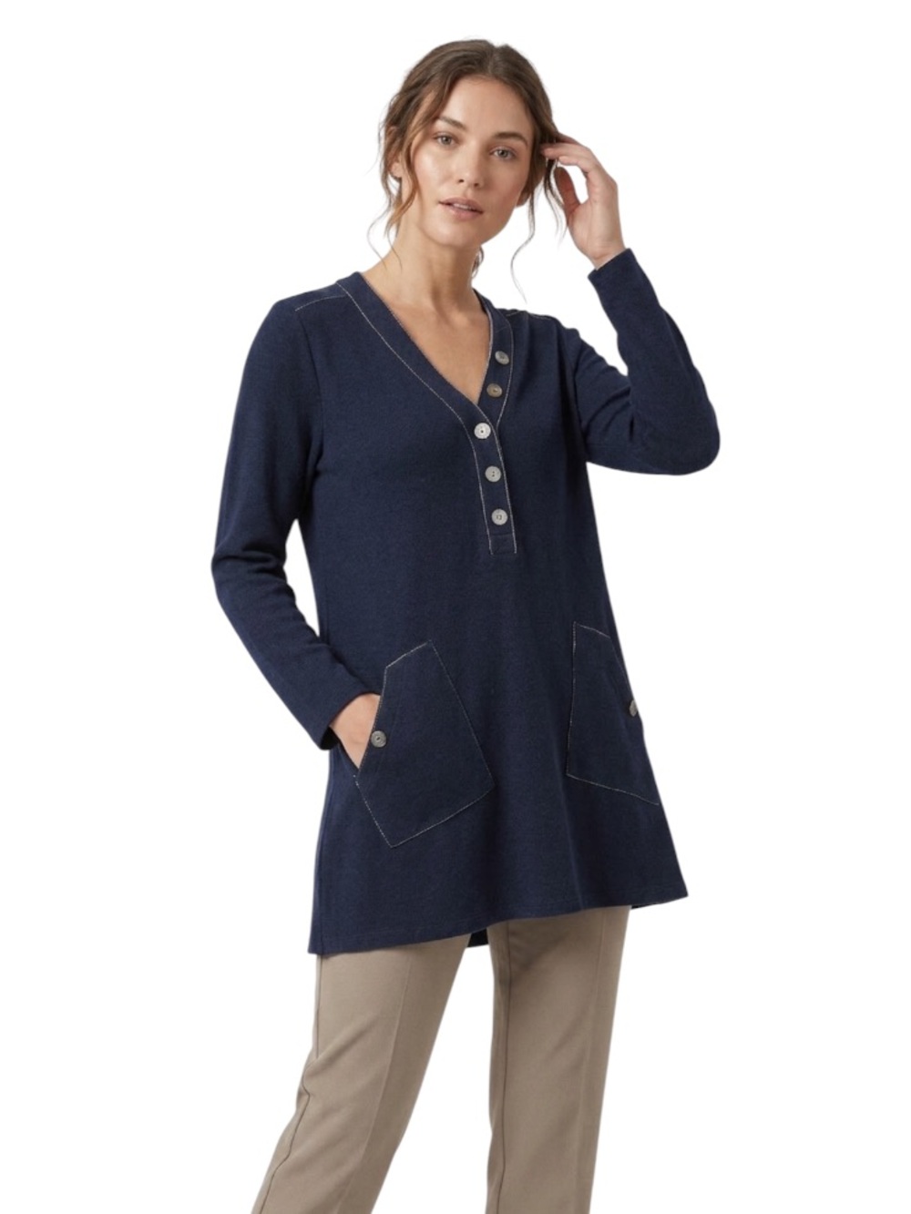 Neon Buddha ($140) Cotton Soft Surroundings Downtime V-Neck Tunic - PTP 22